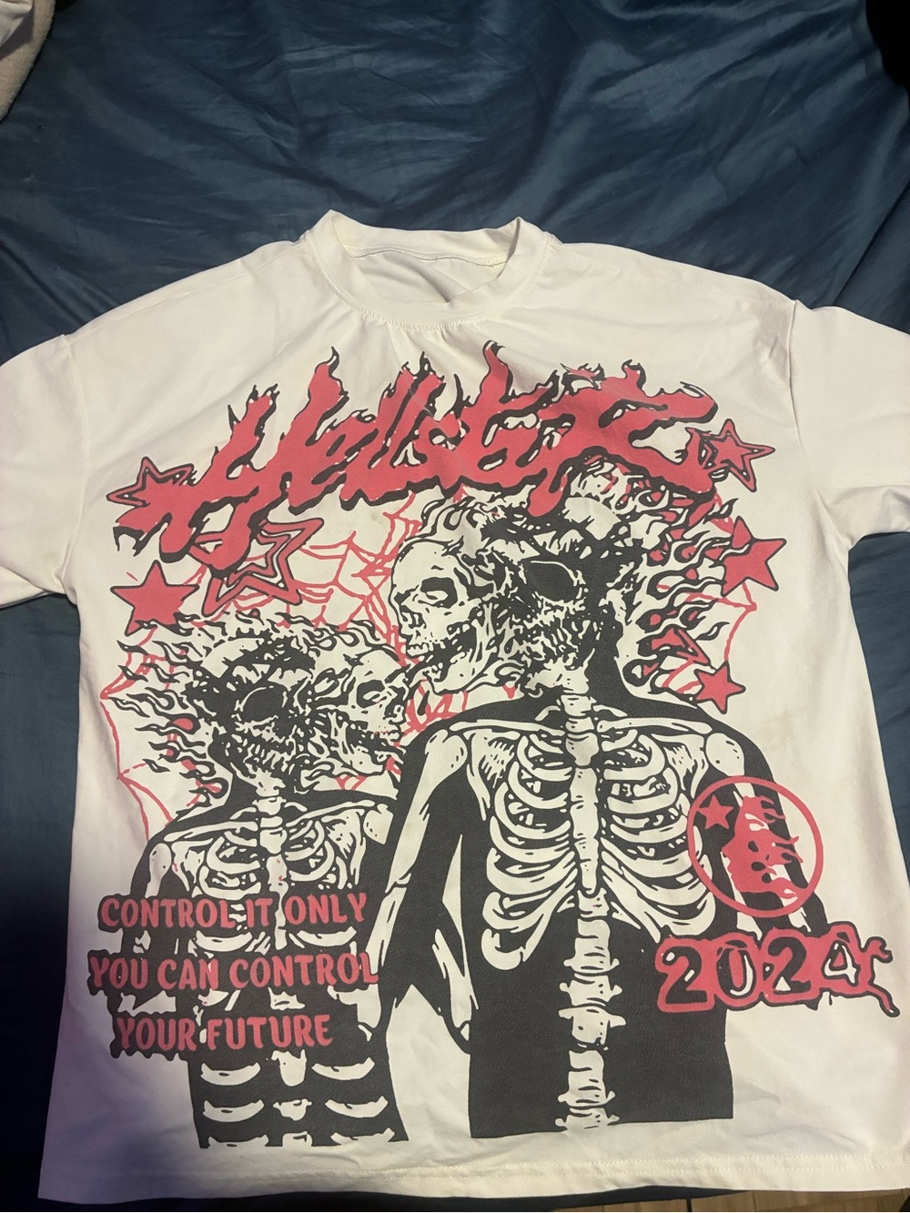 White Graphic Skeleton Tee with Pink & Black Artwork